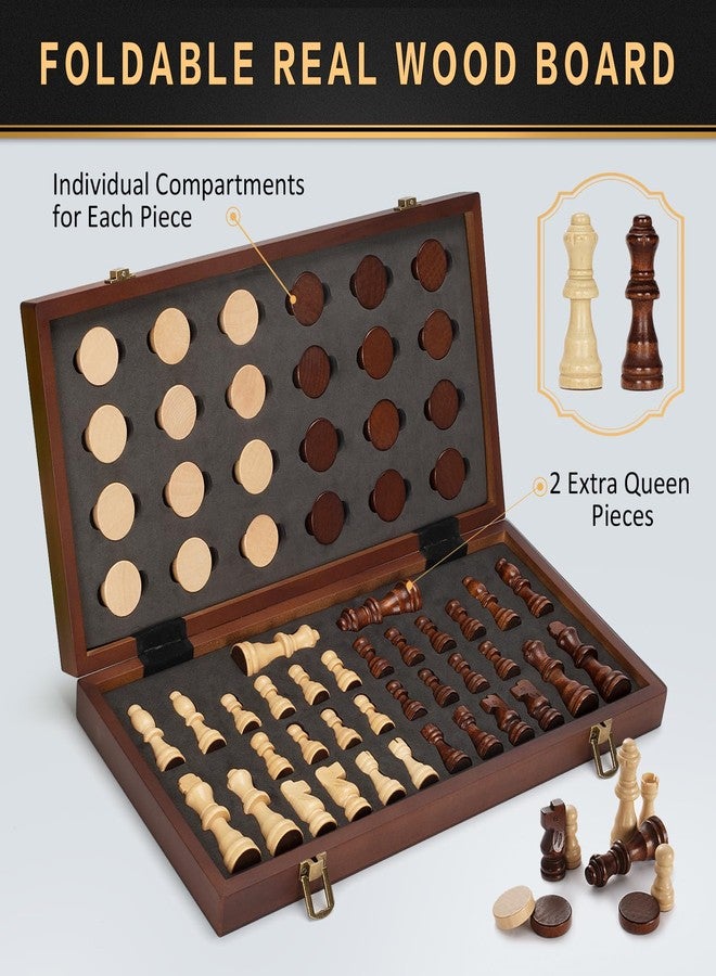 Jumlys 2 in 1 Magnetic Chess Set & Checkers Board Game, 15" Wooden Folding Chess Board with 2 Extra Queens, Portable Travel Chess Set with Pieces Storage Slots, Beginner Chess Board Game for Adults & Kids - Image 4